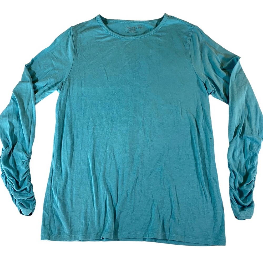 Soft Coldwater Creek aqua blue long sleeve T-shirt with ruching at the sleeves